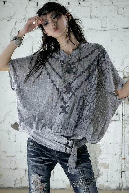 Punk Ripped Knit Hooded Blouse