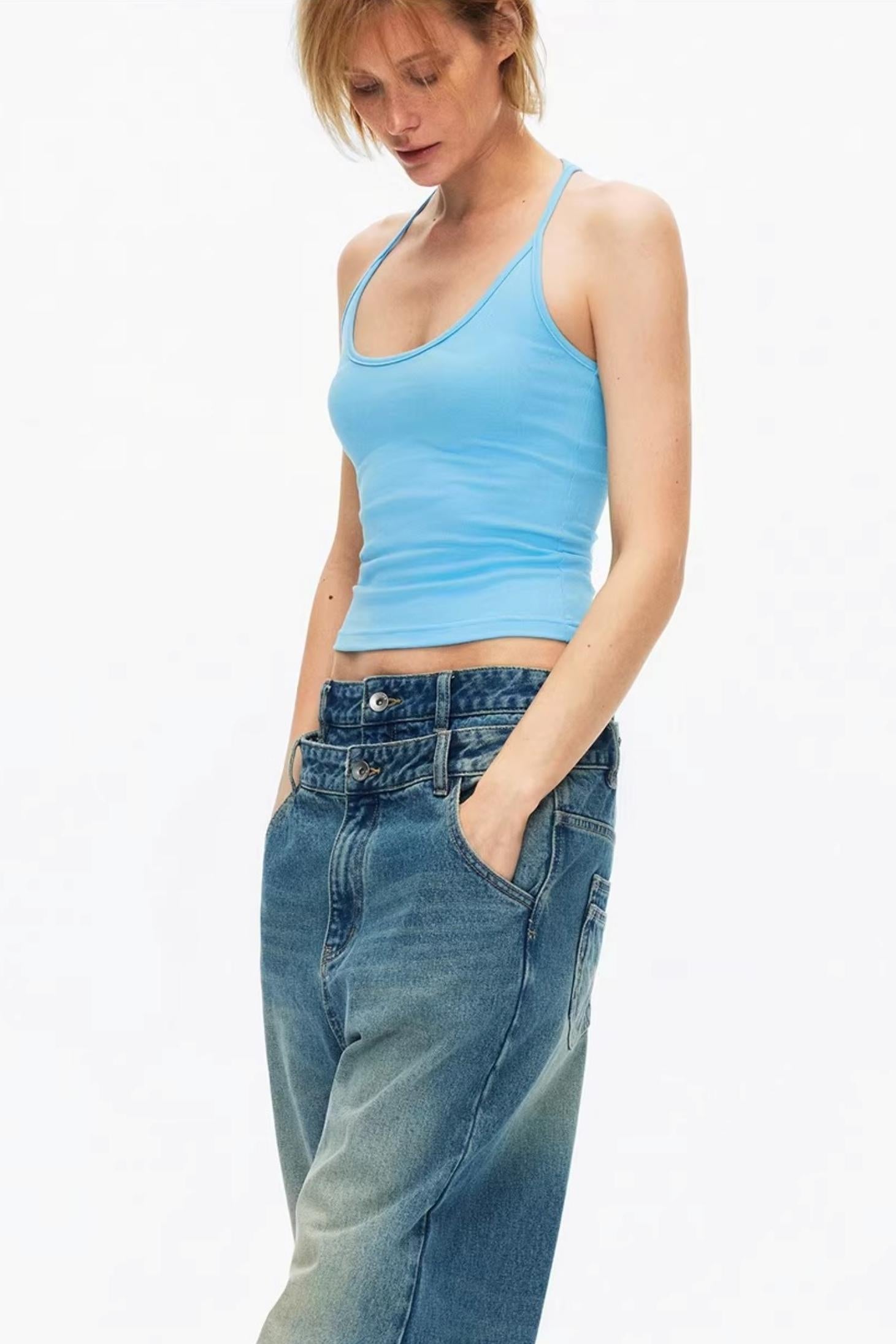 Azure blue sporty cotton top slimming fit