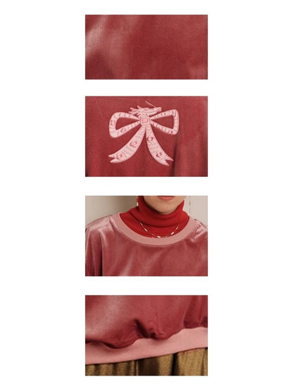 Bow Embroidery Velvet Loose Sweatshirt