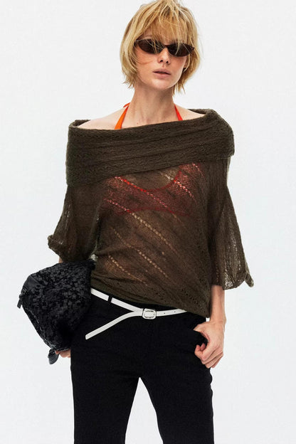 Sophisticated olive green one-shoulder knit blouse for modern chic style