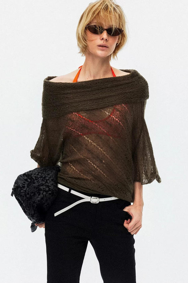 Sophisticated olive green one-shoulder knit blouse for modern chic style