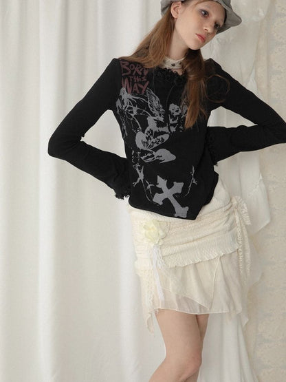 Hair collar trimmed with strap print long sleeve