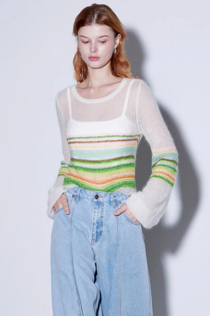Mohair Silky Wool Rainbow Lantern Sleeve Sweater
