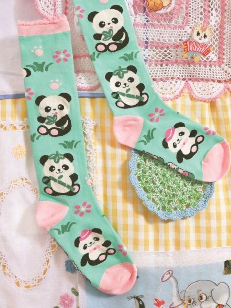 Panda Mint Green Mid Calf Socks