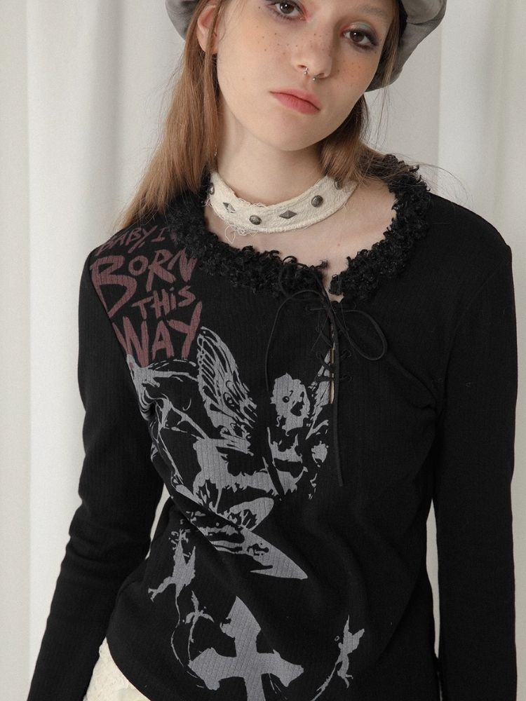 Hair collar trimmed with strap print long sleeve