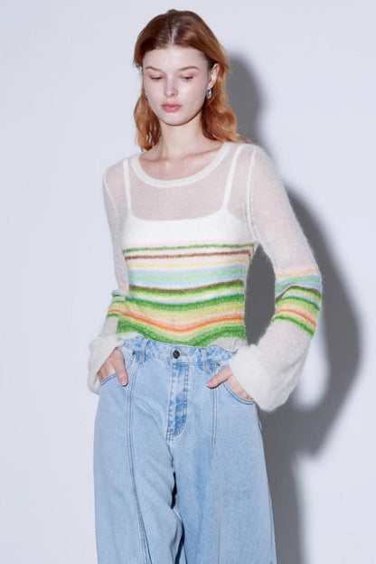 Mohair Silky Wool Rainbow Lantern Sleeve Sweater