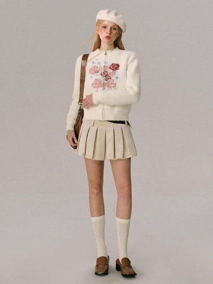 Mink Jacquard Rose Bow Zipper Knit Cardigan