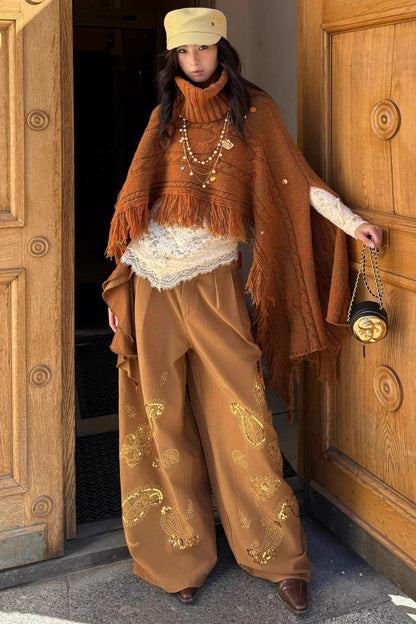 Sweet Vintage Fringe Wool Cape Top Set-Up