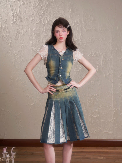 Vintage lace denim vest top pleated skirt Set