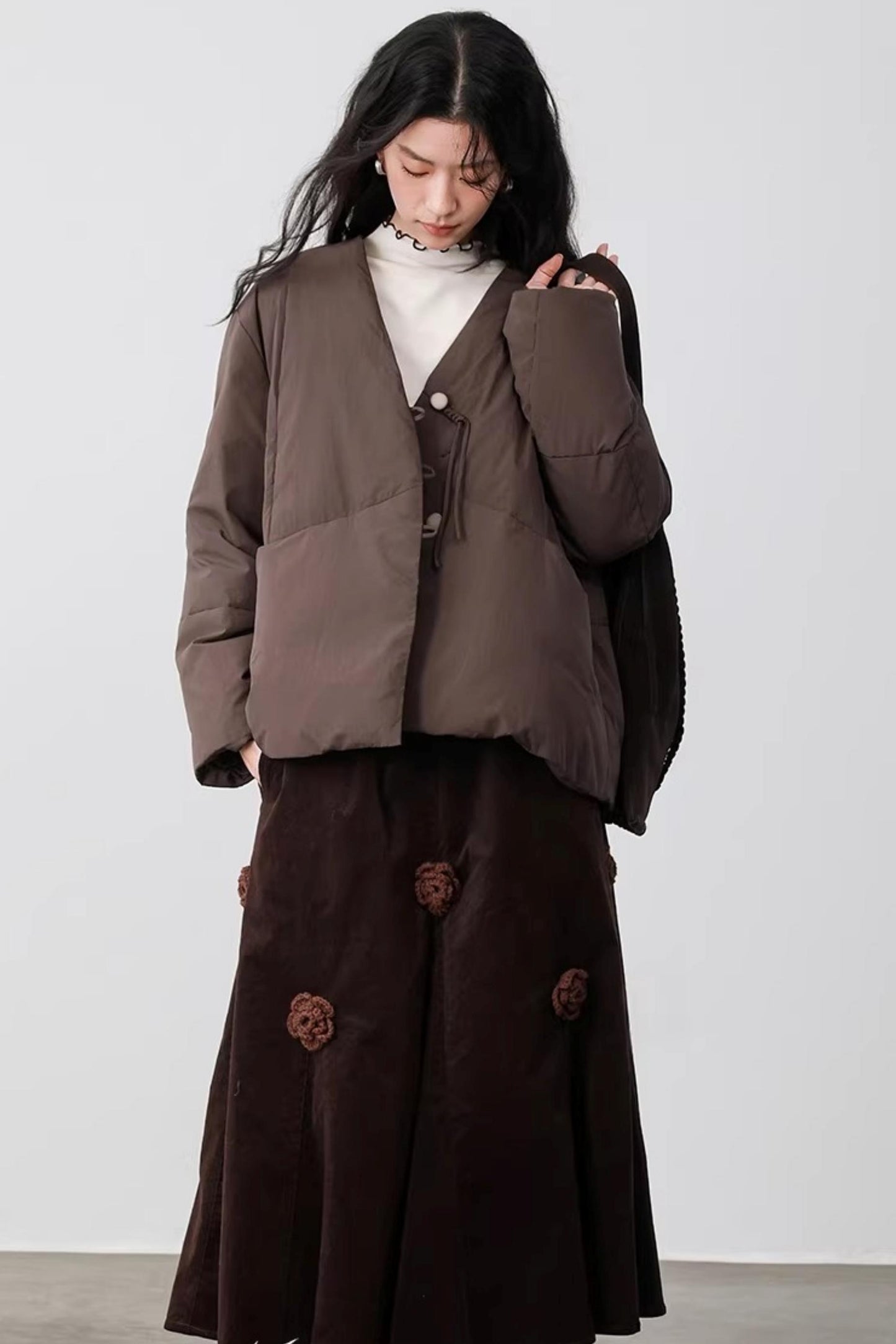 Three-Dimensional Floral Corduroy Skirt