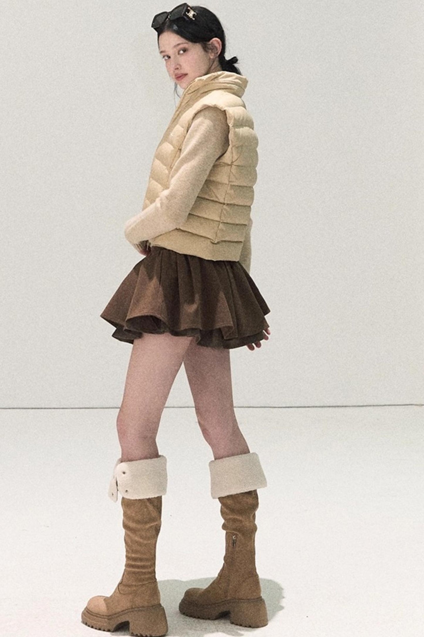 Plaid Color-Blocked Puffy Skirt