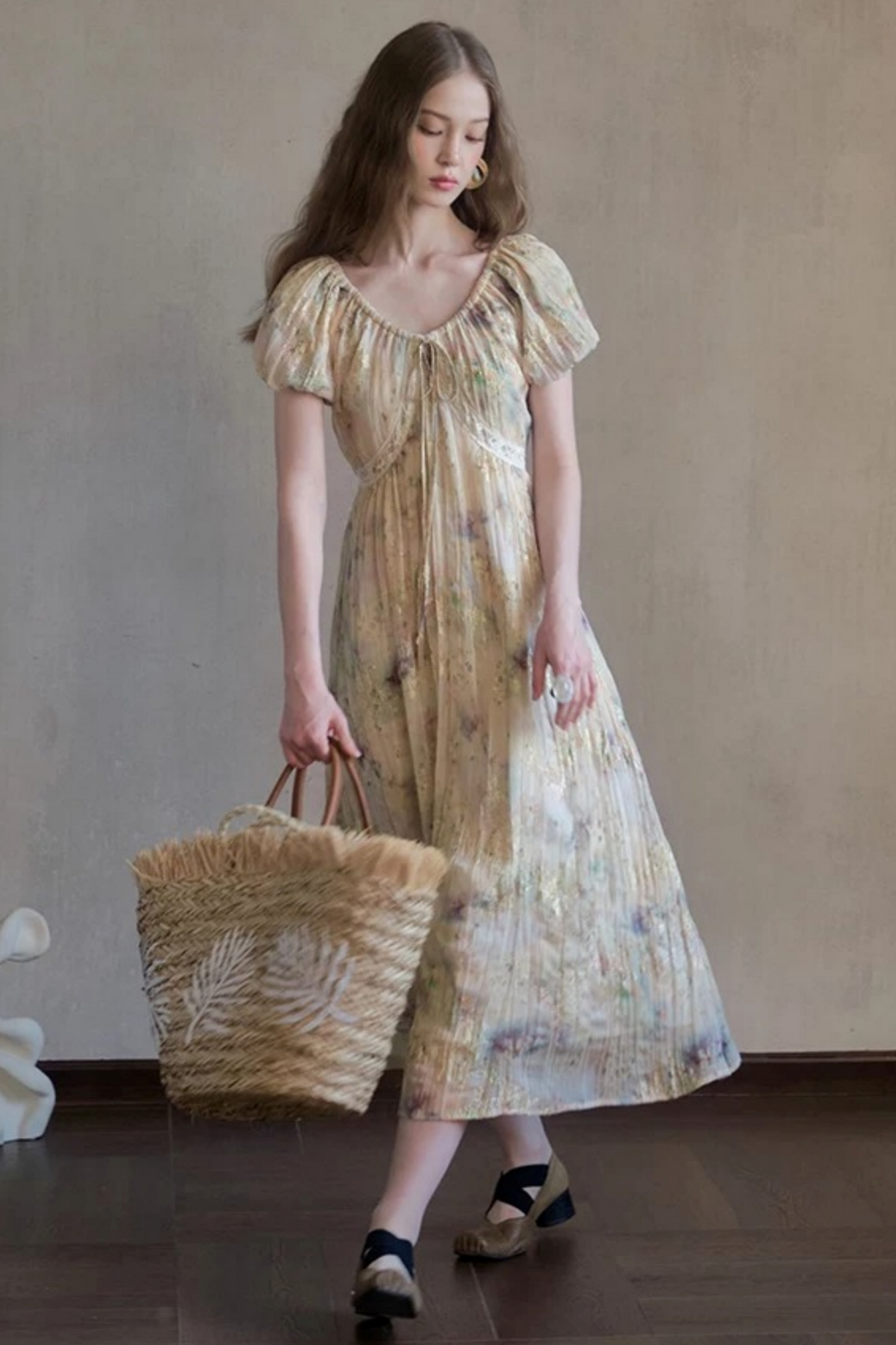 Embroidery Pleated Puff Sleeve Dress