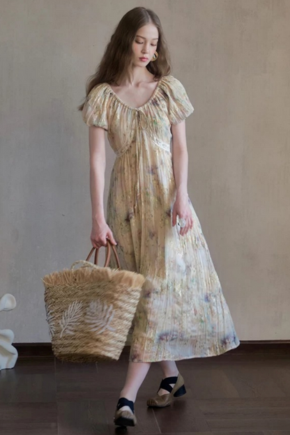 Embroidery Pleated Puff Sleeve Dress