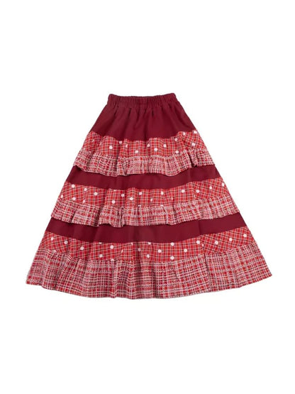 Red embroidery patchwork plaid hem half skirt