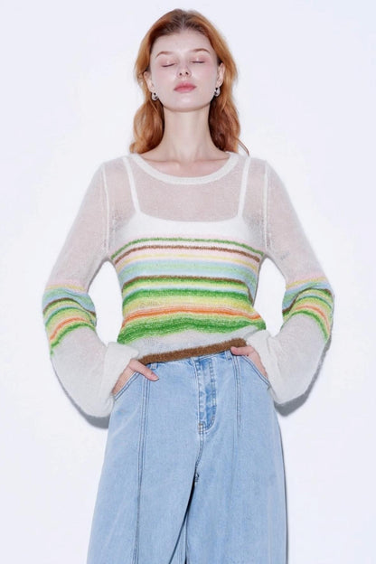 Mohair Silky Wool Rainbow Lantern Sleeve Sweater