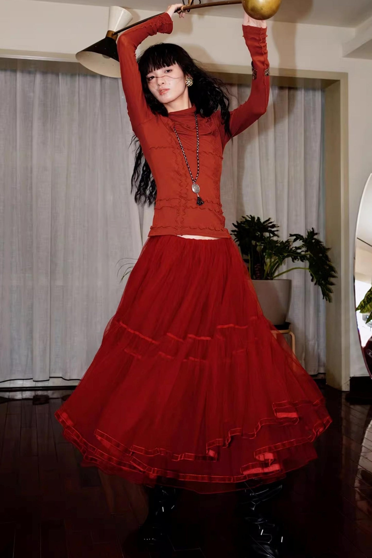 Autumn Mesh Puffy Long Skirt