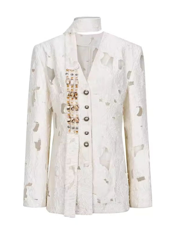 Beaded mottled hollowed out jacquard blazer