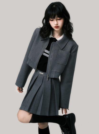 Simple tweed thick jacket short skirt