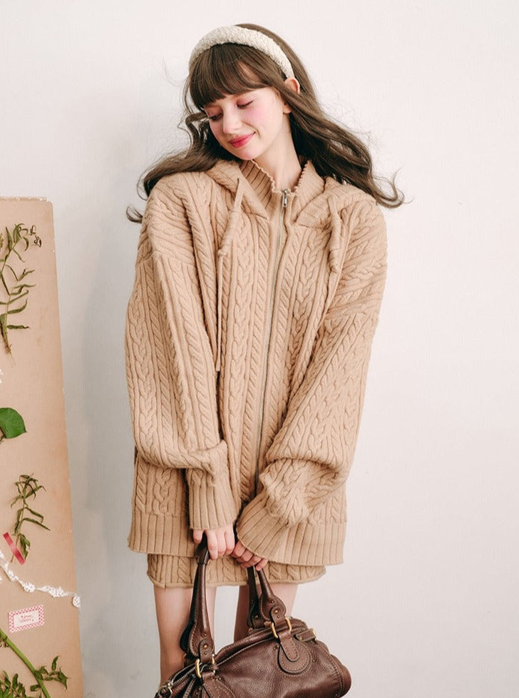 Bunny Ears Hooded Knitted Jacket Set