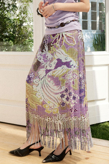 Pleated Satin Floral Skirt
