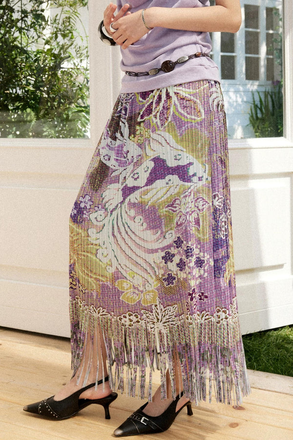 Pleated Satin Floral Skirt