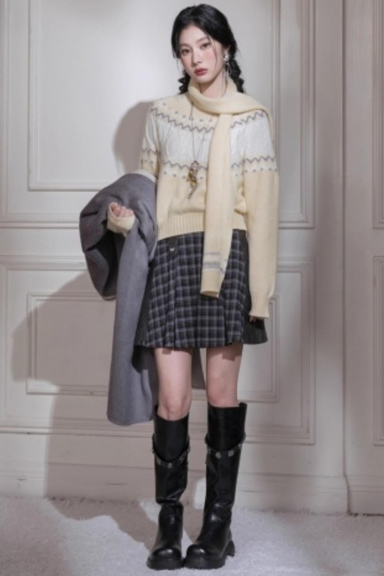 Jacquard Wool Sweater With Scarf Set