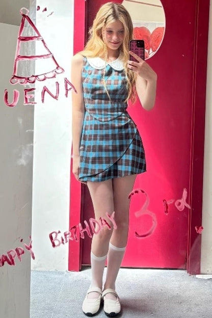Blue Plaid Sleeveless Dress