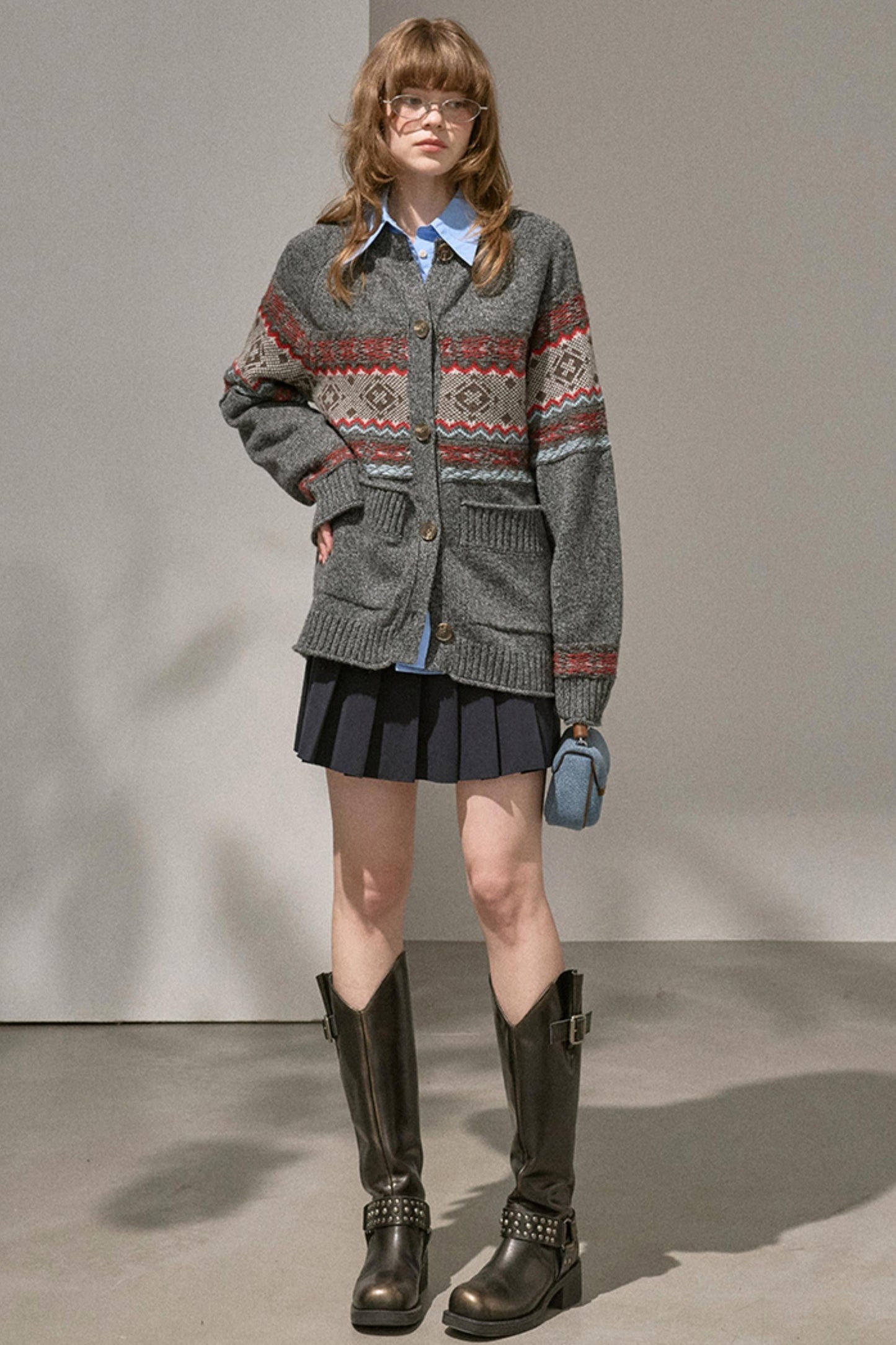 Fair Isle Knitted Gray Cardigan