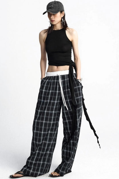 Summer Plaid Wide-Leg Pants