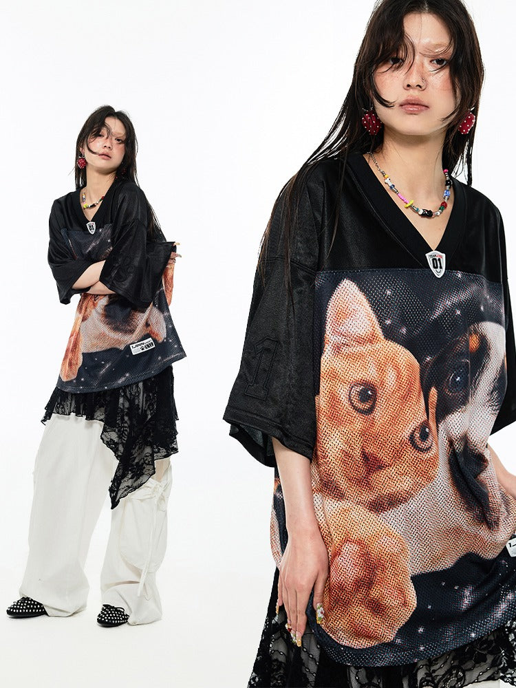 Dog & Cat Print Oversized V-Neck T-Shirt