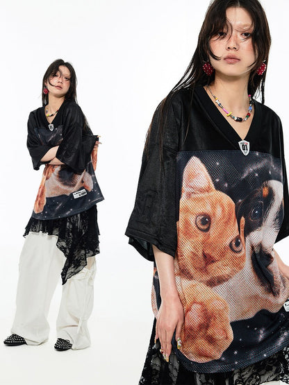 Dog & Cat Print Oversized V-Neck T-Shirt