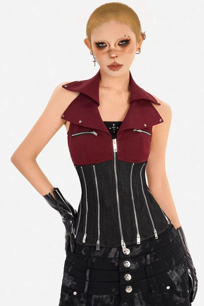 Color-Block Denim Zipper Vest