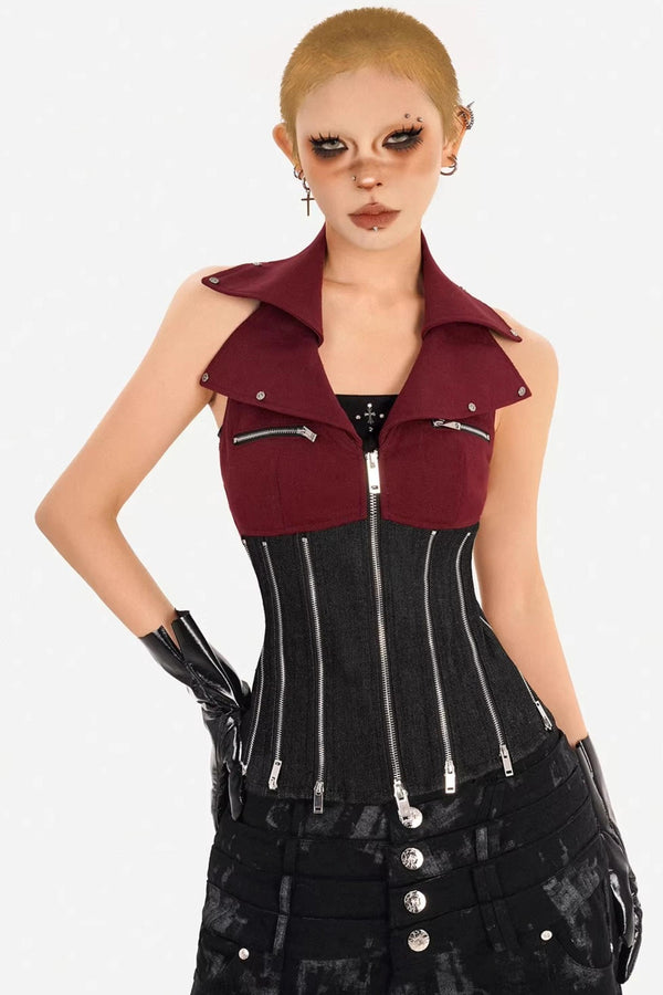 Color-Block Denim Zipper Vest