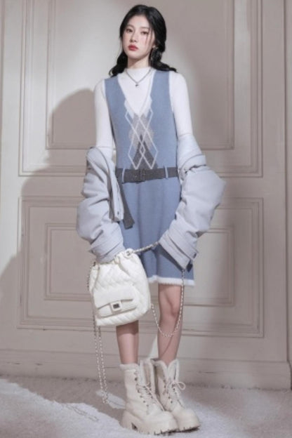 Mist Blue Diamond Plaid Vest Dress