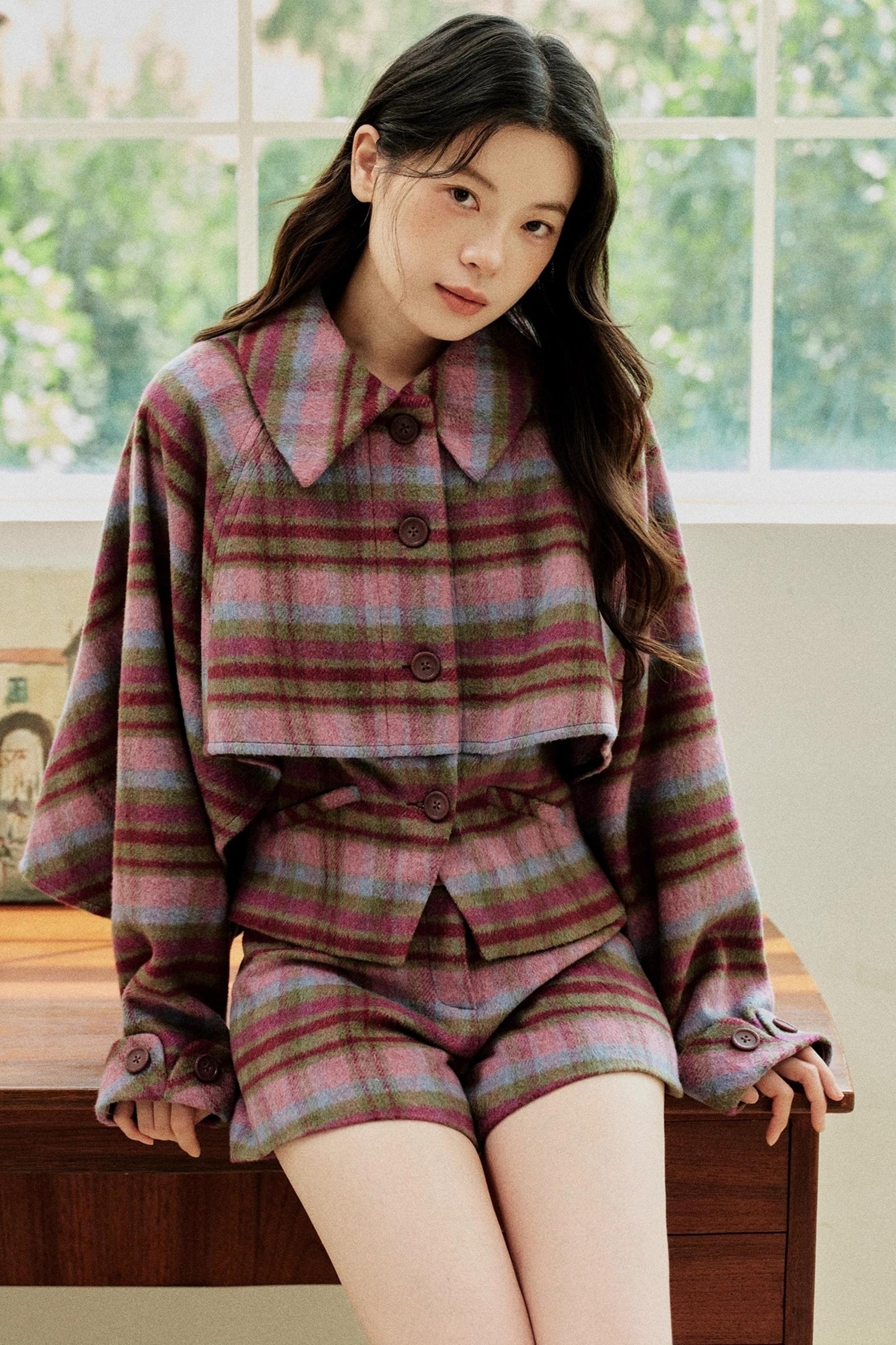 Pink-Purple Wool Plaid Cape Set-Up