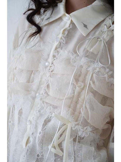 Lace-Up Crosses Embroidery Chiffon Lace Trim Shirt