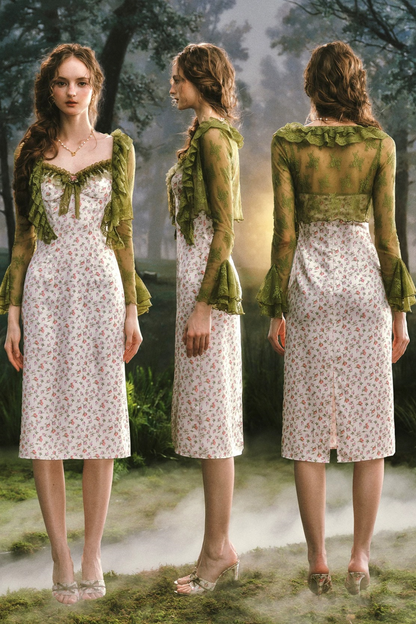Printed Satin Dress Lace Set-Up