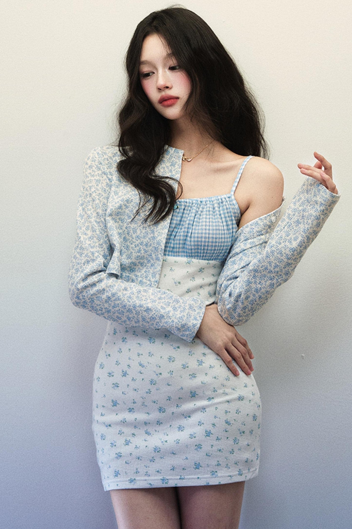 Blue Plaid Floral Halter Dress & Cardigan Set-Up