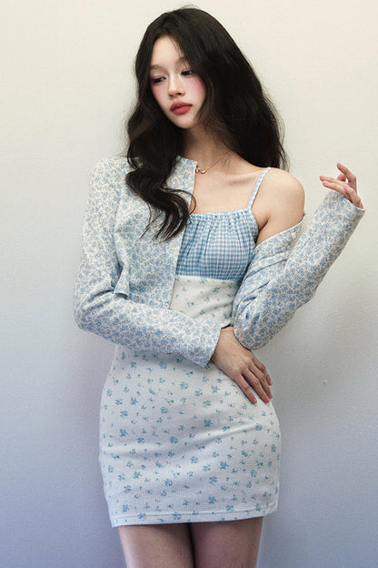 Blue Plaid Floral Halter Dress & Cardigan Set-Up