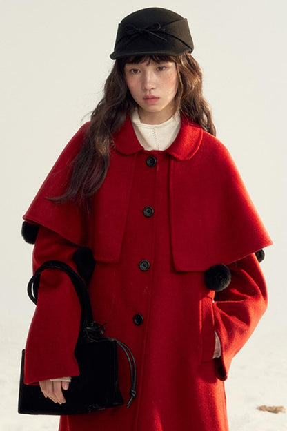 Detachable Cape Red Wool Coat