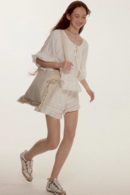 Noisy Flowers Embroidered Shirt Shorts Set-Up