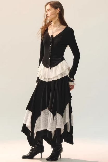 Woll-Spitze Patchwork Oberteil Rock Set