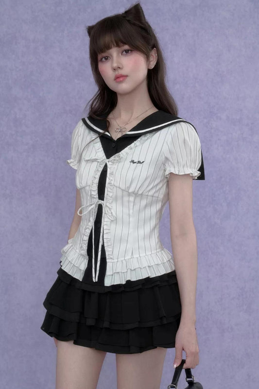 White Sailor-Collar Striped Top Set-Up