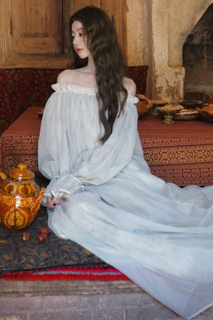 French Romantic Lace Neck Long Dress