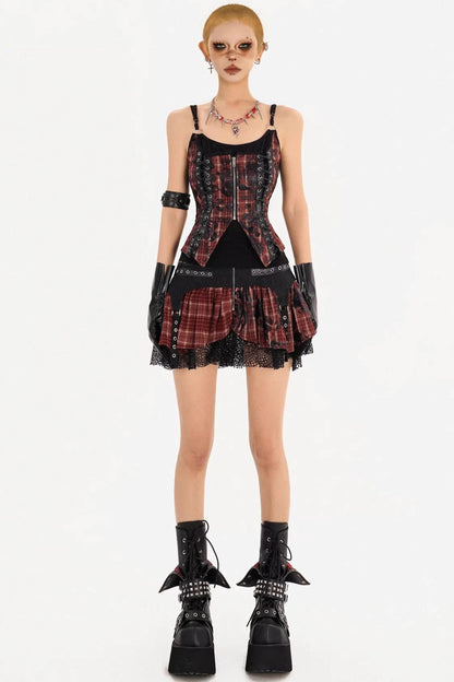 Dark Red Plaid Camisole Skirt Set-Up