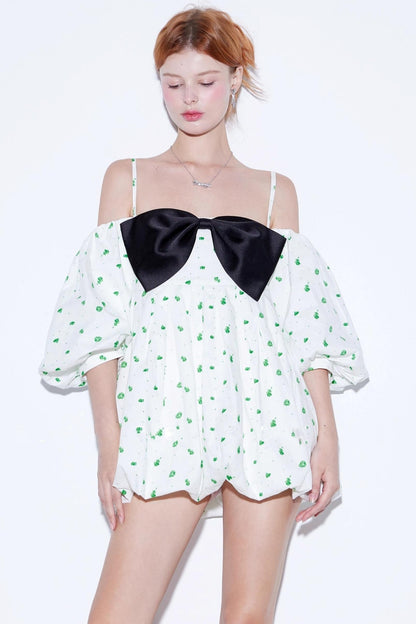Green Rose Balloon Sleeve Slip Dress