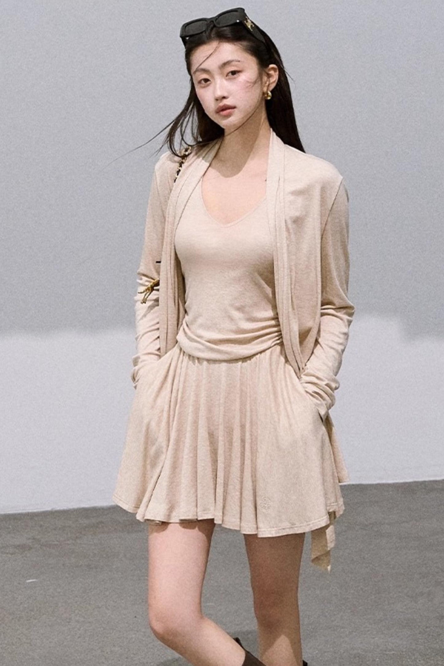 Tencel Wool Knit V-Neck Cardigan Dress Set-Up