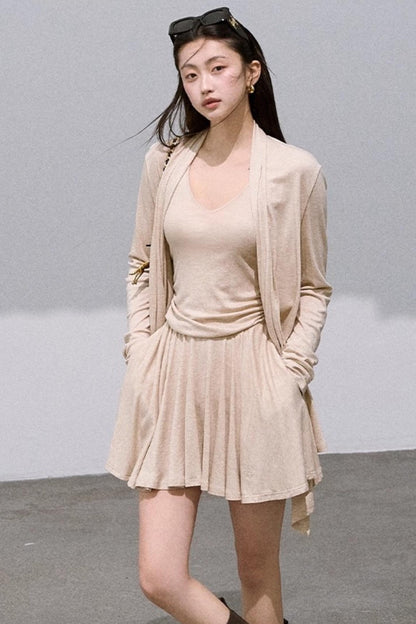Tencel Wool Knit V-Neck Cardigan Dress Set-Up