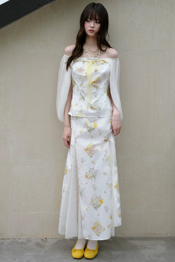 One-Shoulder Floral Gauze Top and Skirt Set-Up