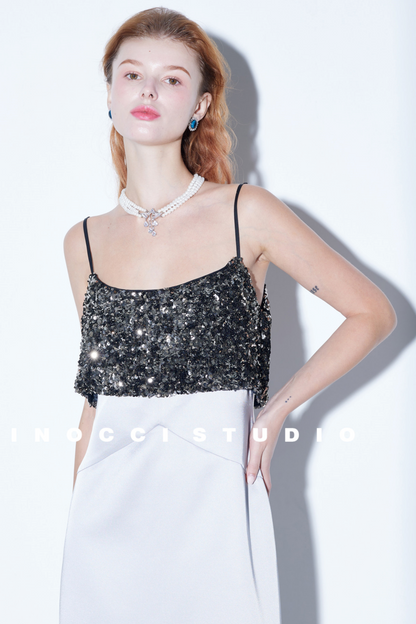 Sequin-Stitched Satin Dress